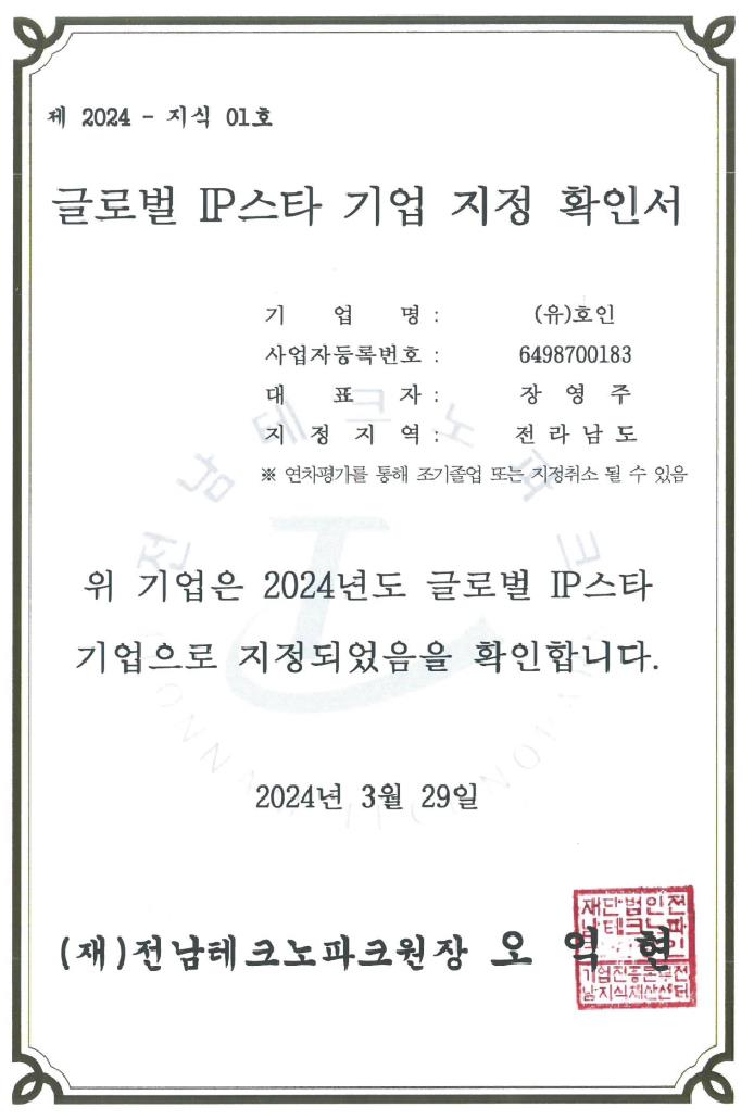 글로벌 IP스타 기업 지정 확인서